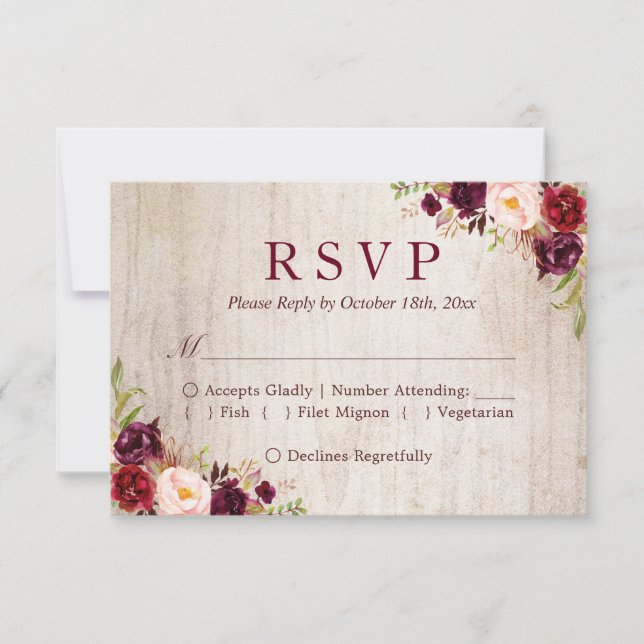 RSVP boda floral roja de borgoña de madera rústica (Anverso)