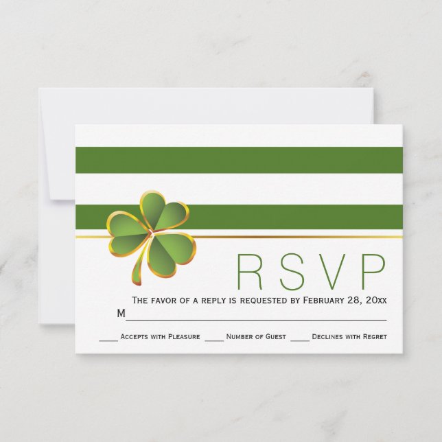 RSVP boda irlandesa de trébol verde, rayas blancas (Anverso)