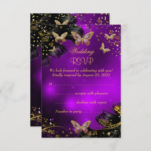 RSVP Boda Sparkle morado Oro Mariposa negra (Anverso / Reverso)