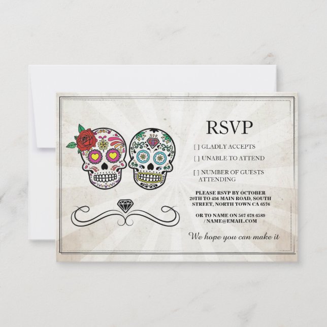 RSVP Boda Sugar Skulls tarjetas rusas de diamantes (Anverso)