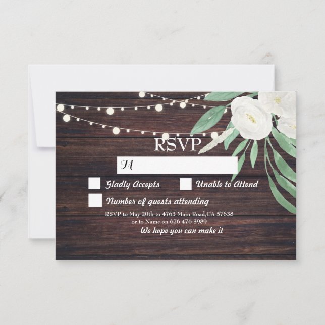RSVP Boda Tarjetas de Madera Rústica Flores Invita (Anverso)