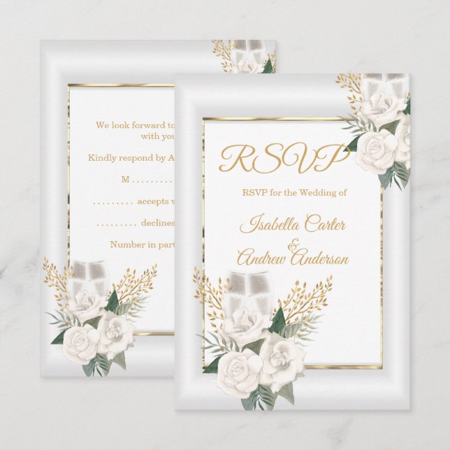 RSVP Boda White Rose Floral Champagne Gold (Anverso / Reverso)