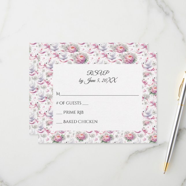 RSVP Bodas Palomas con Peonías Rosadas y Cintas (Anverso/Reverso In Situ)