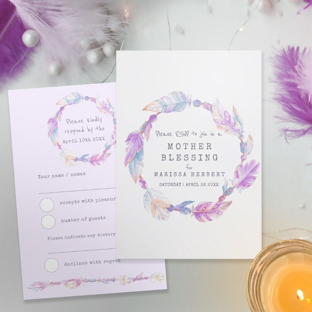 RSVP boho plumas morado tribal bendición de bebé (Subido por el creador)