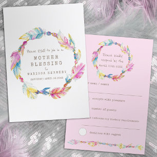 RSVP boho plumas rosa tribal bendición de bebé