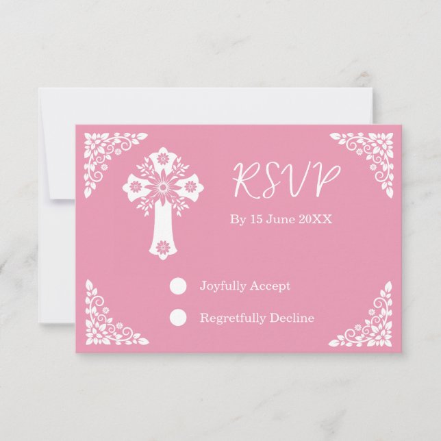 RSVP Card Floral Cross Christening Rose Pink (Anverso)