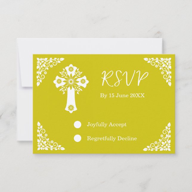 RSVP Card Floral Cross Christening Yellow (Anverso)