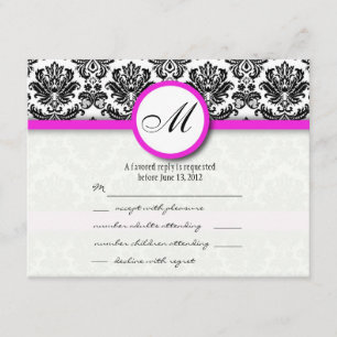 RSVP con Monograma de damasco negro y rosa calient