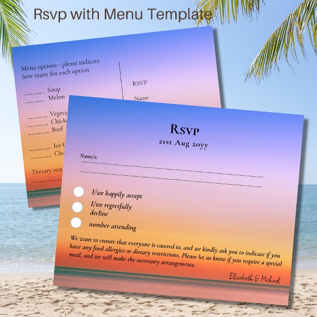 RSVP con plantilla de menú Beach Tropical Sunset (Subido por el creador)