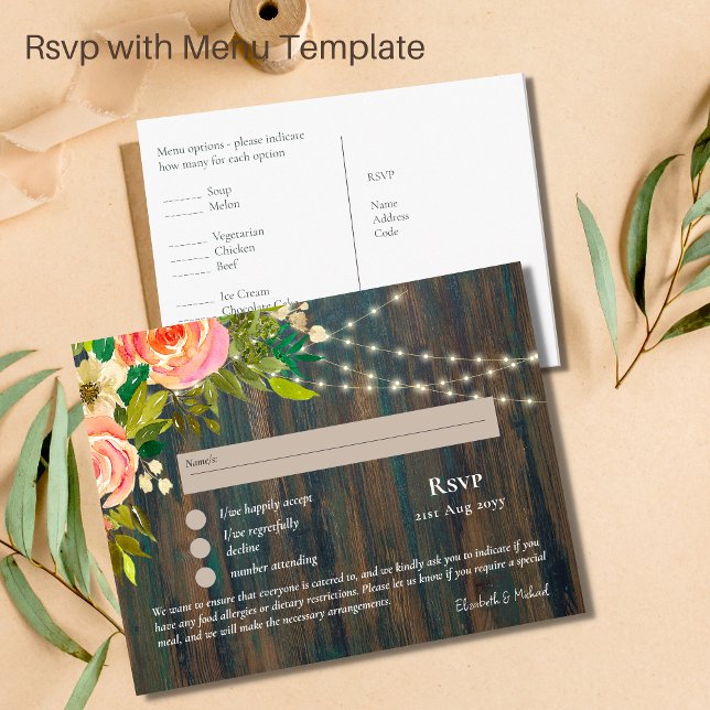 RSVP con plantilla de menú Flores rusticas rosadas (Subido por el creador)