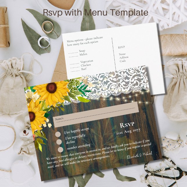 RSVP con plantilla de menú Lace de girasoles rusos (Subido por el creador)