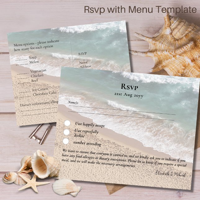 RSVP con plantilla de menú Playa Costa de destino (Subido por el creador)
