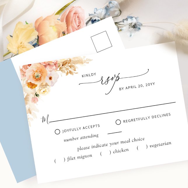 RSVP con/sin comidas, cada y postal azul (Subido por el creador)