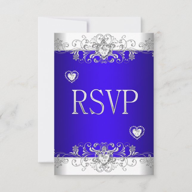RSVP Corazón de Diamante Blanco Boda azul real (Anverso)
