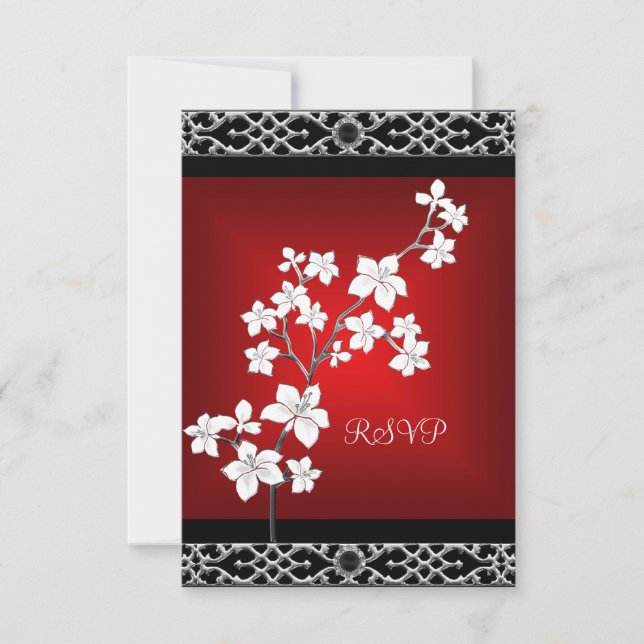 RSVP Cumpleaños Asiático Rojo Floral Plata Blanco (Anverso)