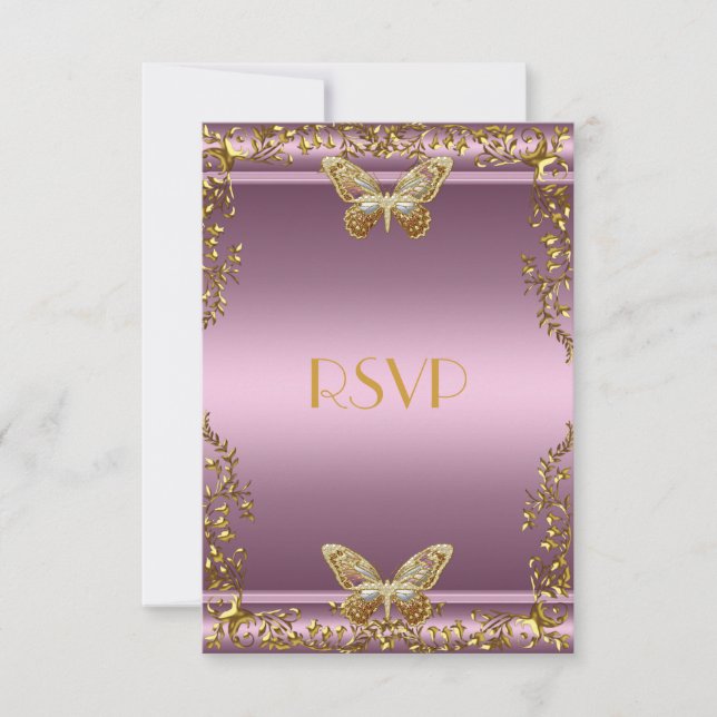RSVP Cumpleaños Elegante Mariposa Rosa Dorada (Anverso)