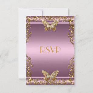 RSVP Cumpleaños Elegante Mariposa Rosa Dorada