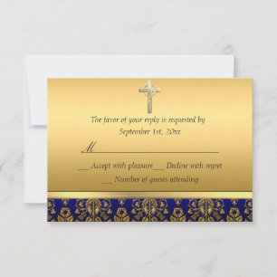 RSVP de Bautizo Cruz de Damasco Azul Real y Dorado