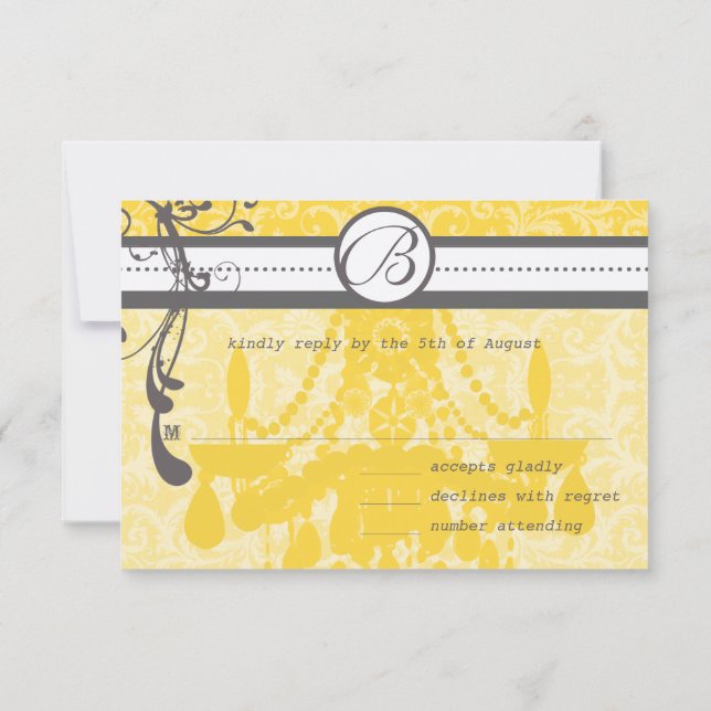 RSVP de Boda Amarilla y Gris Funky Swirls (Reverso)