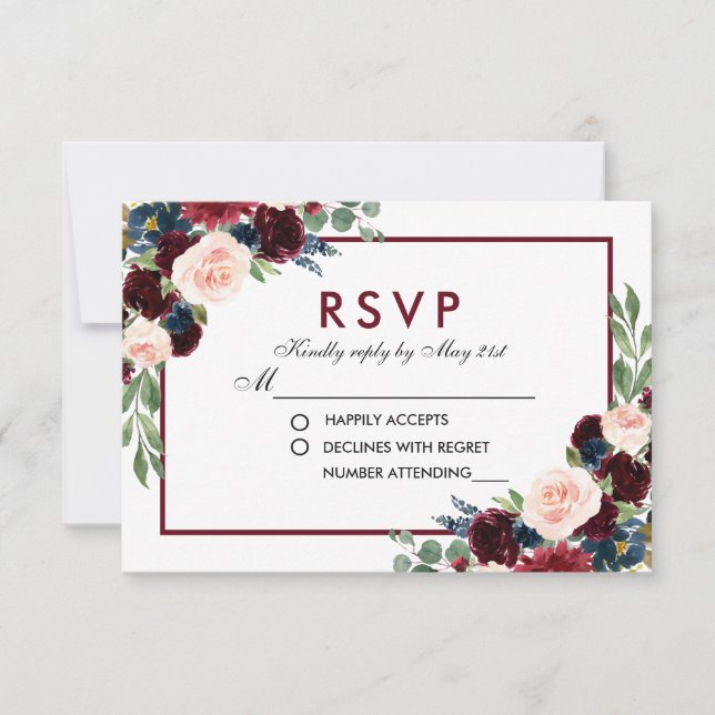 RSVP de Boda con Acuarela Floral Azul Burdeos (Anverso)