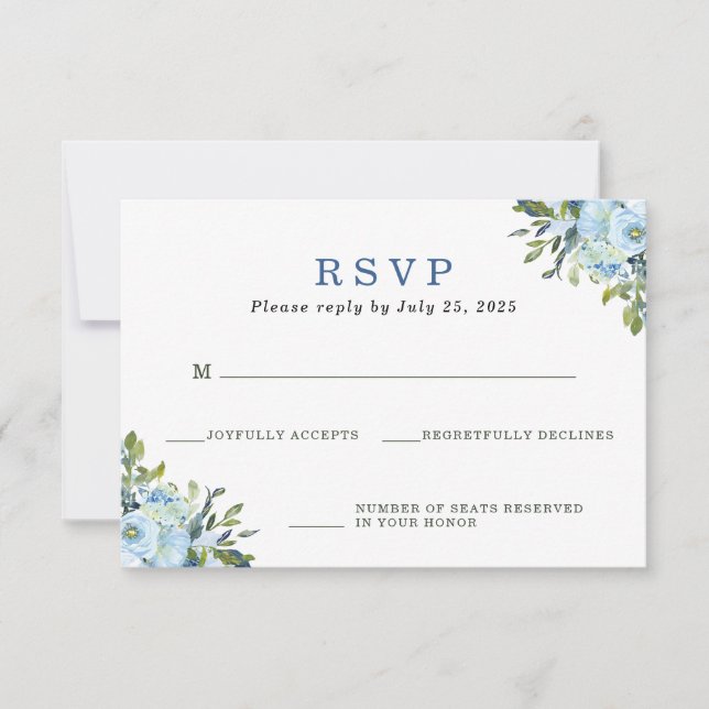 RSVP de boda con acuarela floral azul claro navy (Anverso)