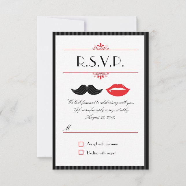 RSVP de boda con bigote y labios rojos, negros y b (Anverso)