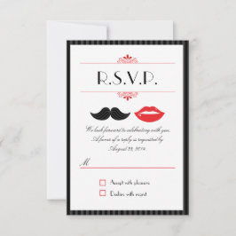 RSVP de boda con bigote y labios rojos, negros y b