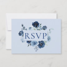 RSVP de boda con código QR floral azul polvoriento