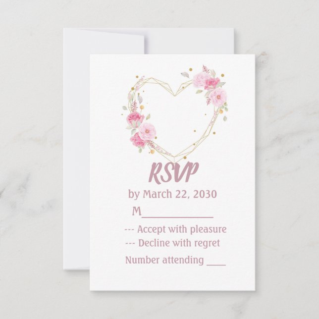 RSVP de boda con corazón floral rosa acuarela (Anverso)