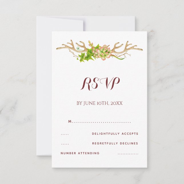 RSVP de boda con cuernos rústicos y flores silvest (Anverso)