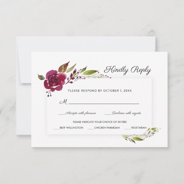 RSVP de Boda con Flores y Verdor de Borgoña (Anverso)