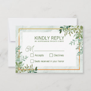 RSVP de boda con hojas de follaje verde acuarela