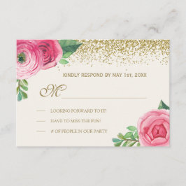 RSVP de boda con rosas y brillo en acuarela
