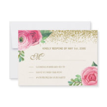 RSVP de boda con rosas y brillo en acuarela