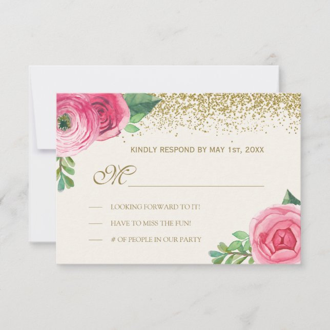 RSVP de boda con rosas y brillo en acuarela (Anverso)