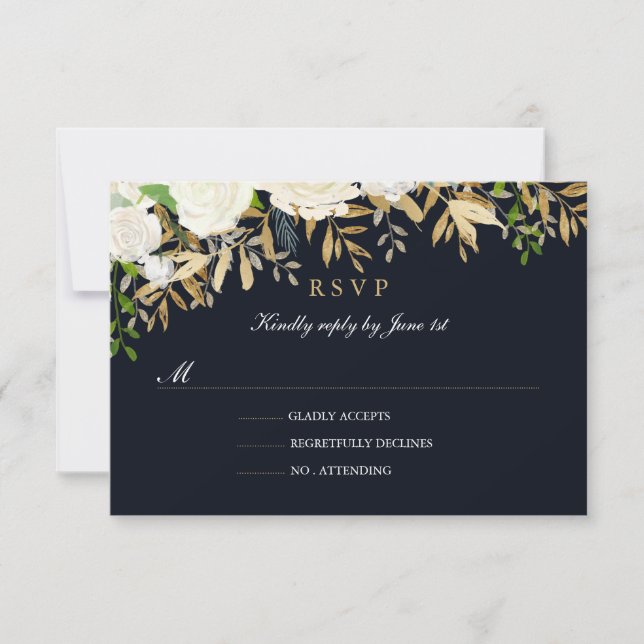 RSVP de boda de acuarela floral dorada de la marin (Anverso)