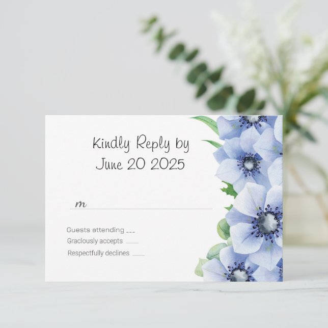 RSVP de boda de Anémona Azul y Eucalipto (Anverso de pie)