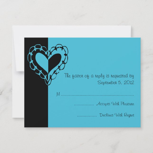 RSVP de Boda de Corazón Negro y Turquesa (Anverso)