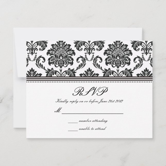 RSVP de boda de Damasco en blanco y negro (Anverso)