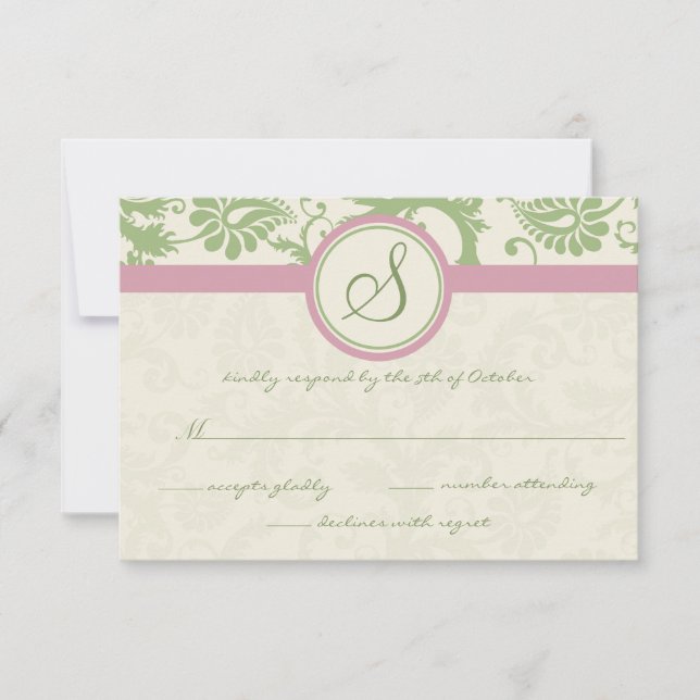 RSVP de boda de Damasco verde y rosa (Anverso)