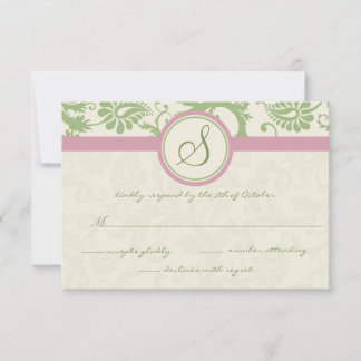 RSVP de boda de Damasco verde y rosa