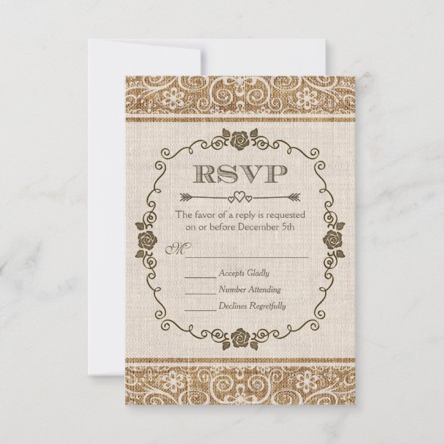 RSVP de boda de encaje de arpillera rústica (Anverso)