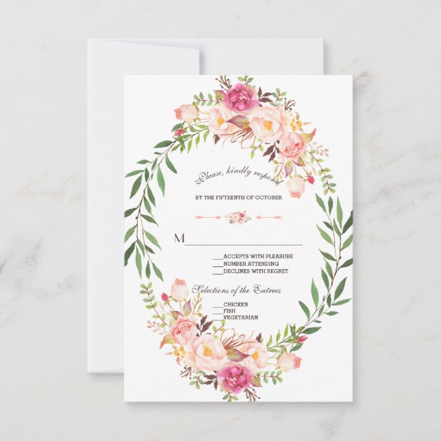 RSVP de boda de flor de Rubor rosa Rústico (Anverso)