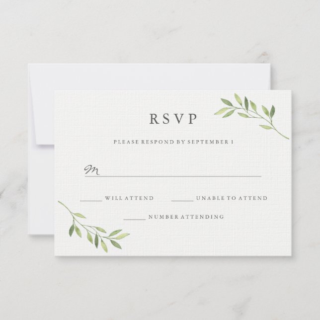 RSVP de boda de hoja verde acuarela (Anverso)