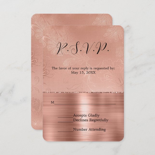 RSVP de Boda de Lace de Glam de Oro Rosa Rosa (Anverso / Reverso)