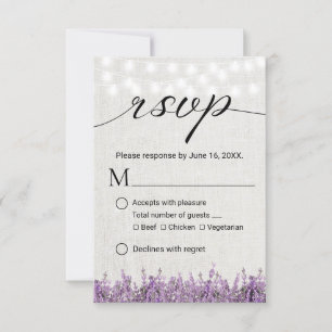 RSVP de boda de lino rústico floral lavanda