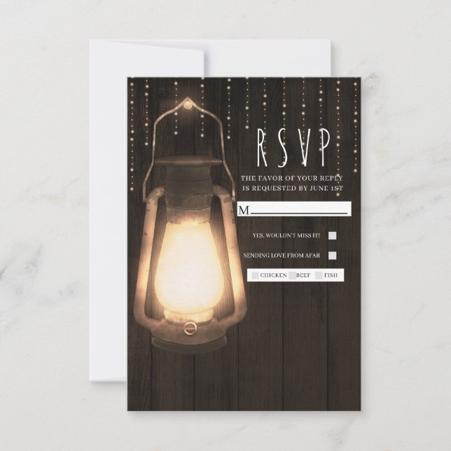 RSVP de boda de madera marrón de linterna y luces  (Anverso)