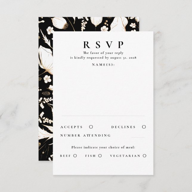 RSVP de Boda de Oro con flores silvestres dibujada (Anverso / Reverso)