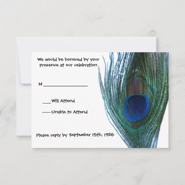 RSVP de boda de pavo real elegante (Anverso)