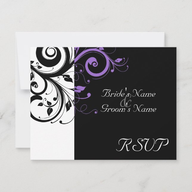 RSVP de Boda de Swirl negro + morado blanco (Anverso)